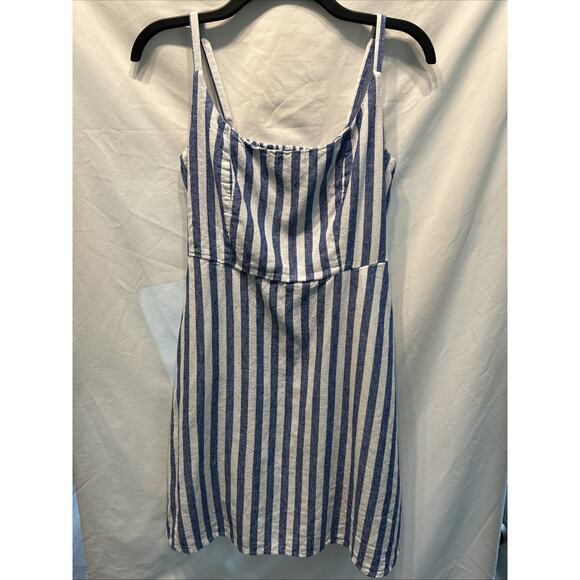 Old Navy Blue & White Stripe Linen Midi Sundress Sz Med Nautical Beach Summer - Picture 1 of 8